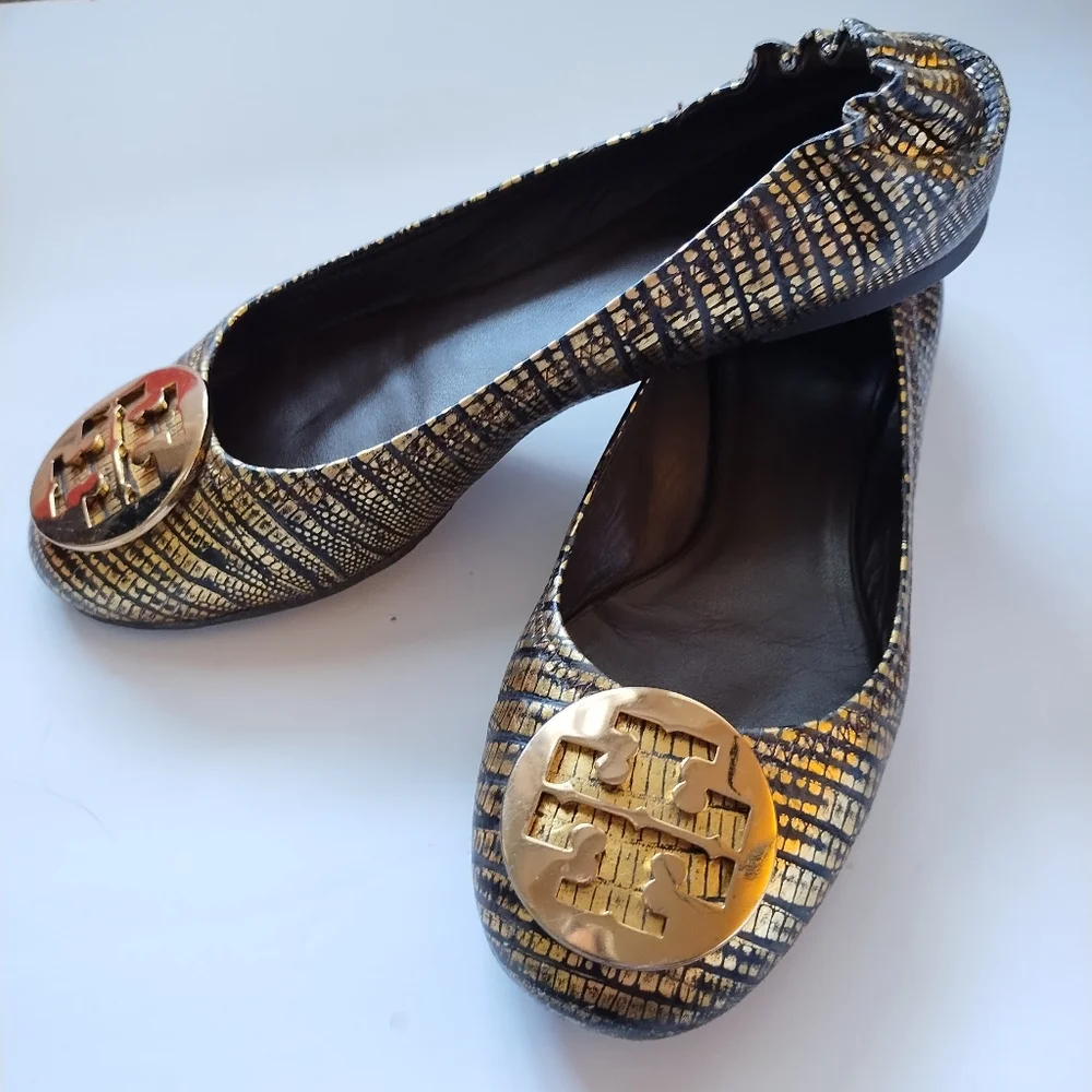 Tory Burch Gold/Bronze Reva Metallic Lizard Reva Ballet Flat Metal Logo Size 8.5 - Picture 1 of 15